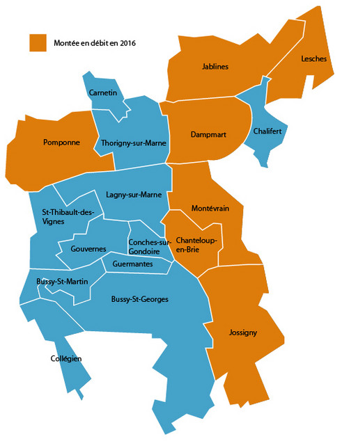 Les 7 communes de Marne et Gondoire les plus mal desservies vont faire l’objet d’un montée en débit numérique : Chanteloup-en-Brie, Dampmart, Jablines, Jossigny, Lesches, Montévrain, Pomponne (Cliquez sur la carte pour l'agrandir).
